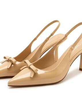 Women's Bow Nude Patent Kitten Heels Slingback Pump Pointed Toe Stiletto Shoes